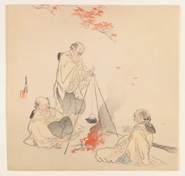 Männer am Feuer im Herbst, ca. 1890-1910